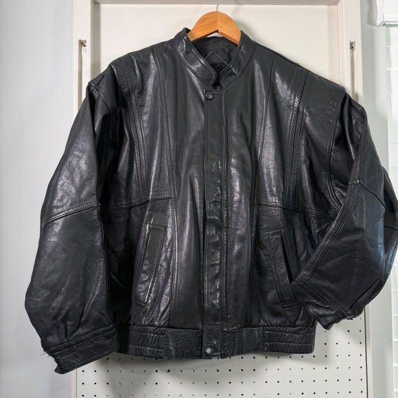 Cueros Curtidos Finos Other - Cueros Curtidos Finos Mens XXL Black Leather Bomber Jacket Argentina Cafe Racer
